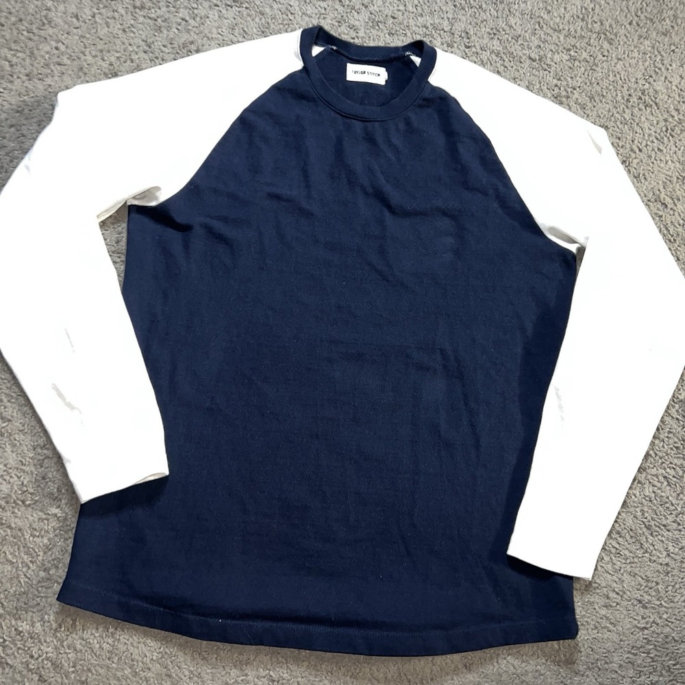 Taylor Stitch Mens Navy White Upcycled Cotton Raglan Sweatshirt Size 40
